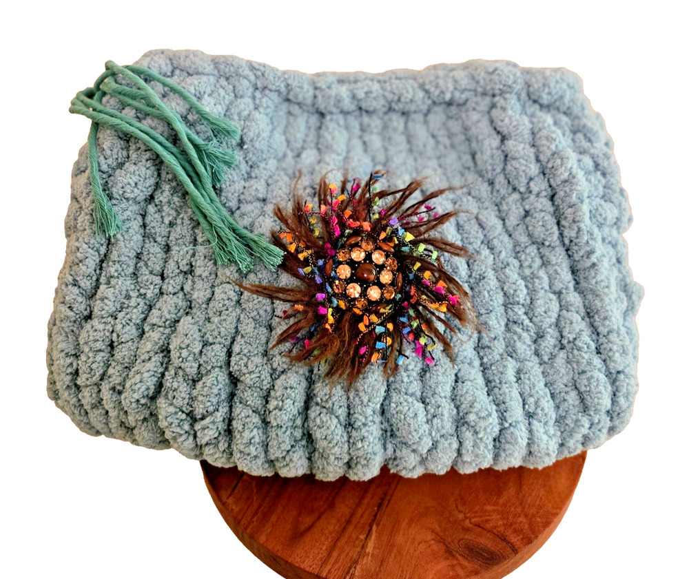 Handmade turquoise thick chenille yarn clutch handbag with brooch